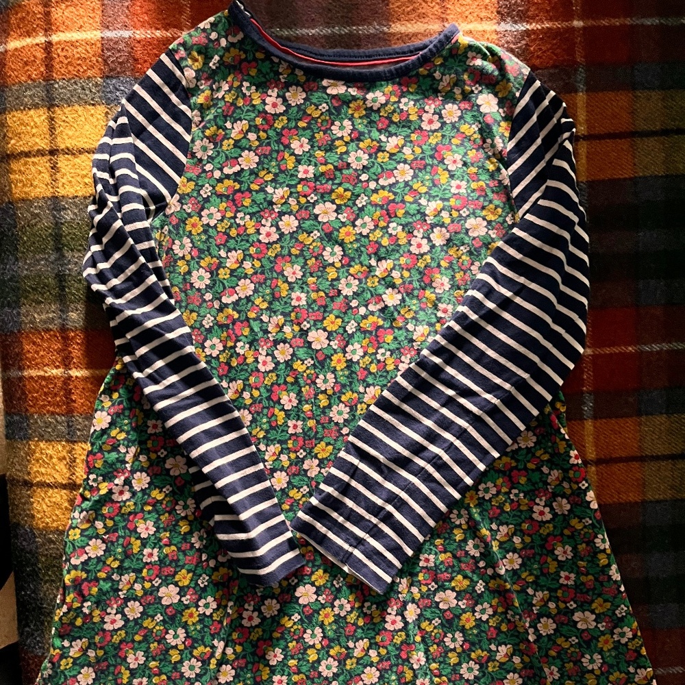 Mini Boden Girls Floral Striped Sleeved Jersey Dress — 11/12 yrs
